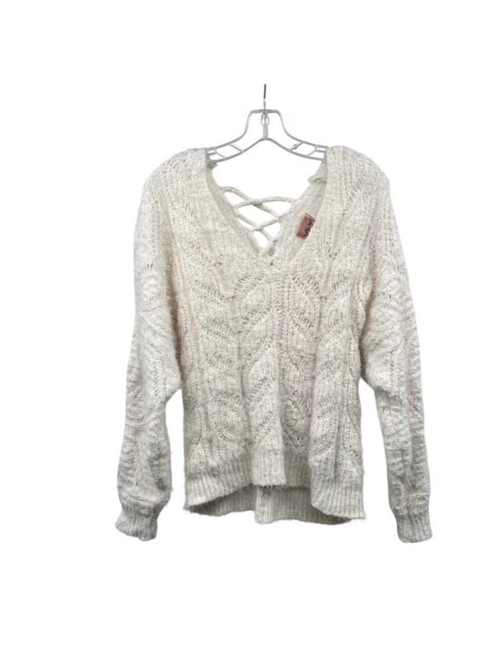 Willow+Root Womens Fuzzy Knit Sweater Crisscross Back Off White Size Medium